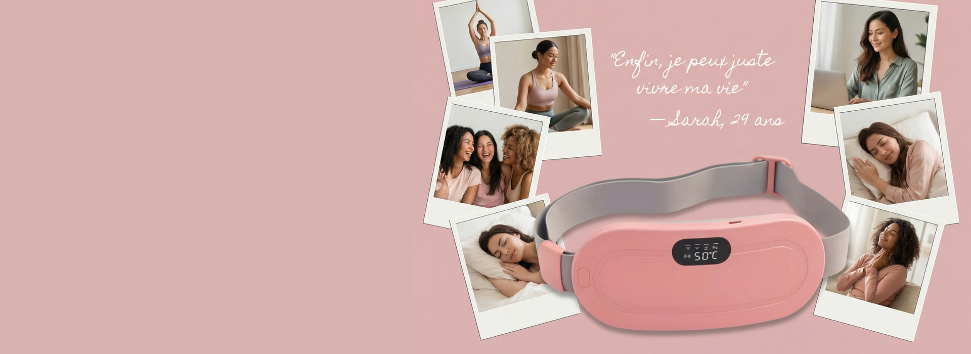 Ceinture chauffante rose pour le bien-être féminin, entourée de femmes détendues et souriantes.