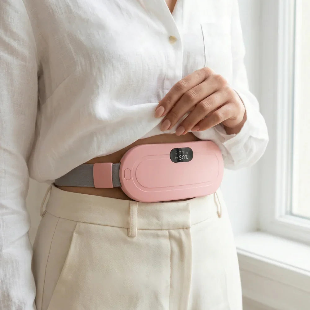 Ceinture chauffante rose portée à la taille, écran digital, soulagement douleurs abdominales.