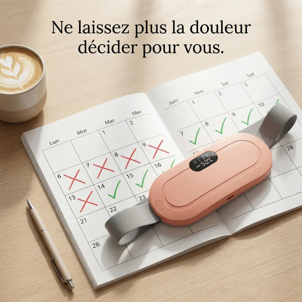 Appareil de soulagement de la douleur rose posé sur un calendrier et tasse de café, bien-être.